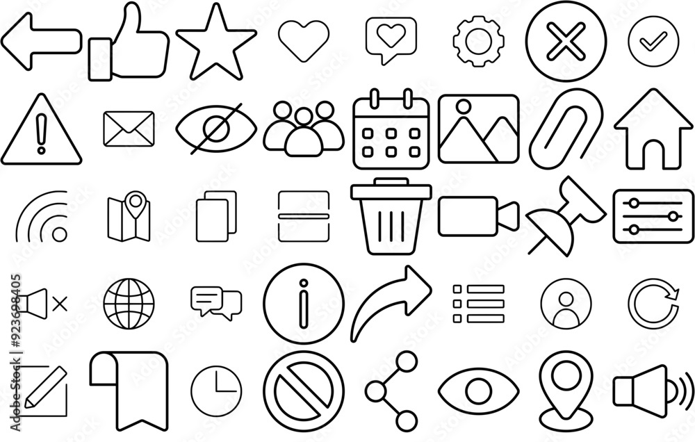 Poster set of linear essentials isolated silhouette solid icons with ui,heart,multimedia,like,interface vec