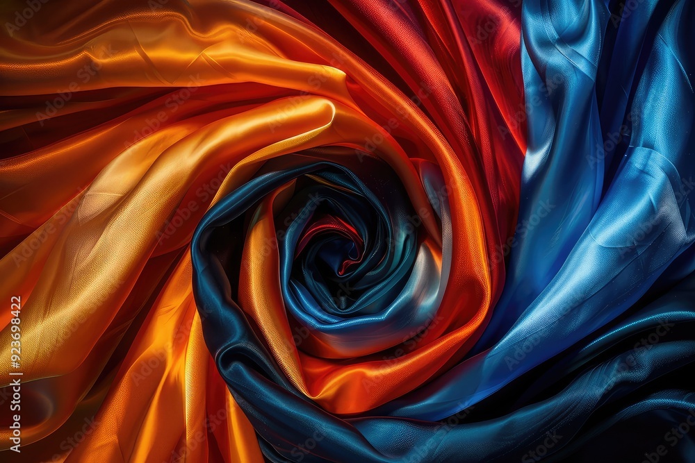 Poster abstract swirl of blue, orange, and red fabric, creating a mesmerizing pattern.