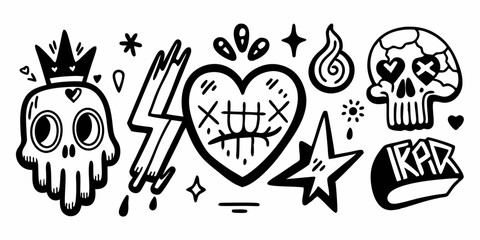 Grunge doodle print set, vector black line tattoo punk element, love heart sign, skull, hands. Ink marker scribble collection, urban graffiti sketch, wax crayon pen emo icon. Grunge doodle y2k designc