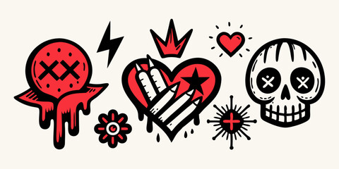 Grunge doodle print set, vector black line tattoo punk element, love heart sign, skull, hands. Ink marker scribble collection, urban graffiti sketch, wax crayon pen emo icon. Grunge doodle y2k designc
