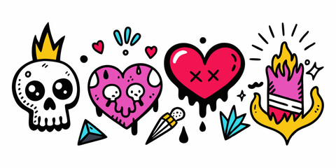 Grunge doodle print set, vector black line tattoo punk element, love heart sign, skull, hands. Ink marker scribble collection, urban graffiti sketch, wax crayon pen emo icon. Grunge doodle y2k designc