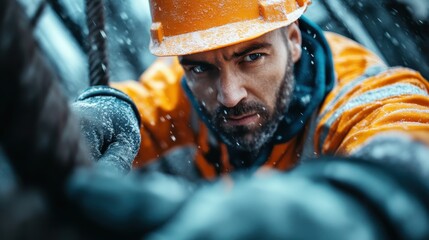 A focused man wearing an orange safety helmet and coat works determinedly in a snowy environment, emphasizing his fierce dedication and resilience.