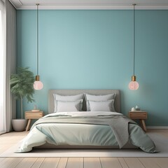 Empty minimalist bedroom interior design with pastel blue background wall, generative IA