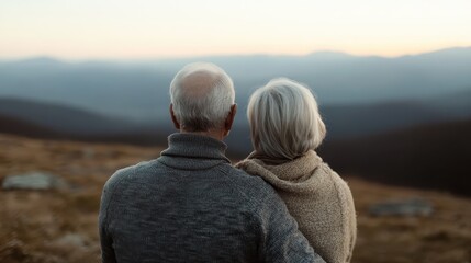 An elderly couple is seen from behind, warmly embracing each other while enjoying a serene and expansive mountainous landscape, symbolizing love, companionship, and contentment.