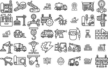 A Collection Of Engineering Isolated Silhouette Solid Icons With Blueprint,Industry,Crane,Construction-And-Tools,Transportation Simple Black Style Symbol Sign For Apps And Website, Vector Illustration