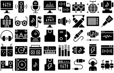 Set Of Electronic Music Glyph Icons Web Header Banner Design Containing Concert,Music,Sound-Settings,Bar,Electronic Simple Black Style Symbol Sign For Apps And Website, Vector Illustration