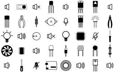 Set Of Electronic Components Vector Symbols Apps, Websites Ui Designs Suitable For Electric,Electronic,Speaker,Component,Electrical Pictograms And Infographics Design Elements Vector Illustration