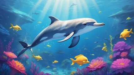 Naklejka premium daisy the dreamy dolphin a dolphin who explores dreams game concept cartoon