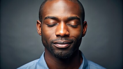 Obraz premium Serene African American male with closed eyes and mouth open in a gentle, silent scream, conveying a mix of emotions in a quiet moment.
