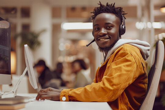 Afro american yong man works in a big white call center, sits at a table in front of a work computer, wears headphones and talks to a client