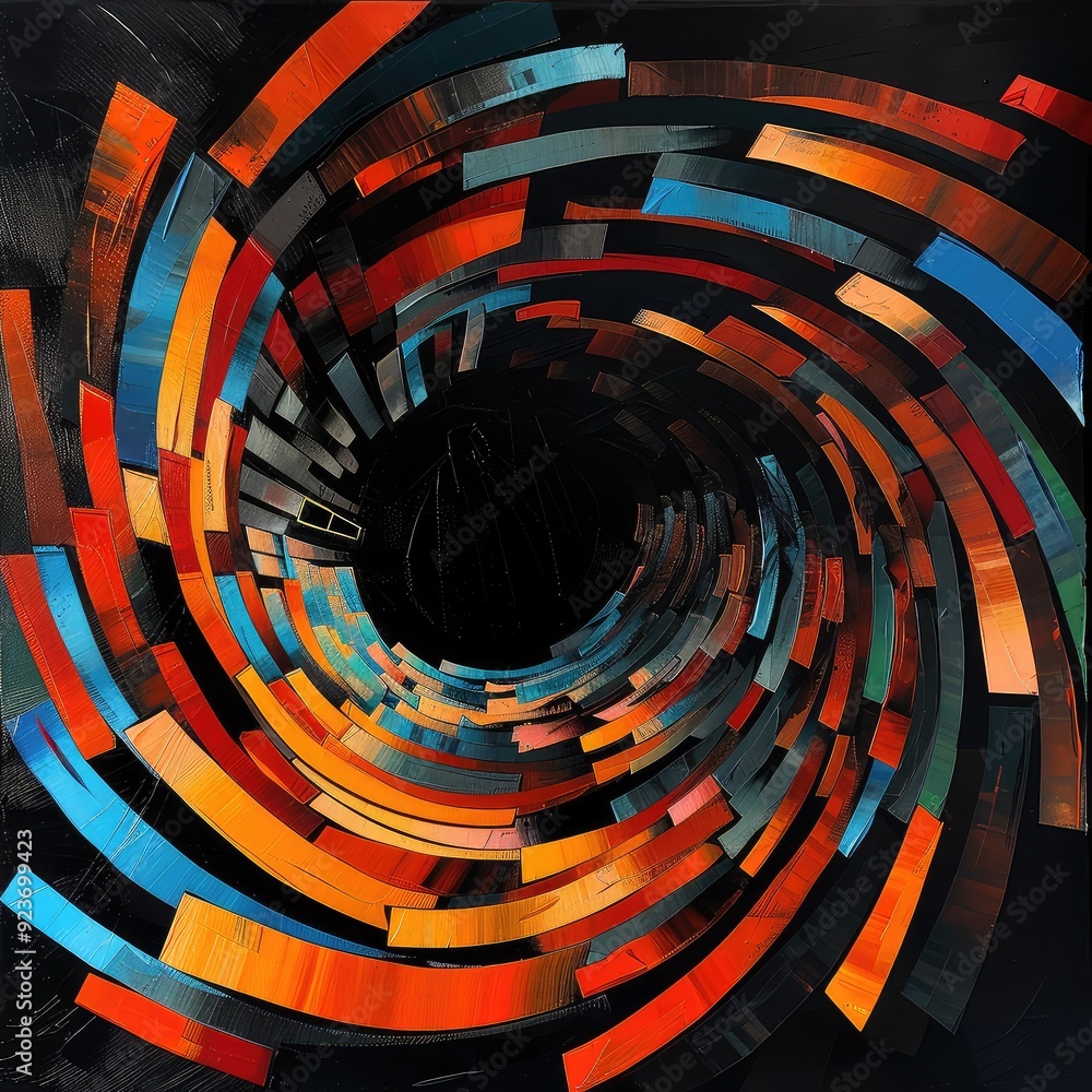Poster abstract digital art with swirling colorful lines creating a vortex effect.