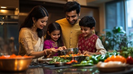 A happy family shares fun while preparing a delicious meal filled with fresh vegetables and laughter