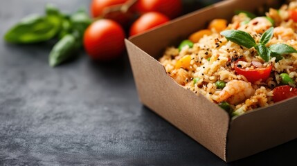 A close-up shot capturing a delicious shrimp fried rice dish adorned with vegetables and garnished with fresh basil, beautifully displayed in an eco-friendly box.