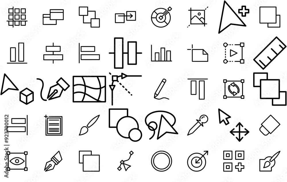 Poster set of linear editing tools icons collection isolated silhouette solid icons including tool,ui,desig