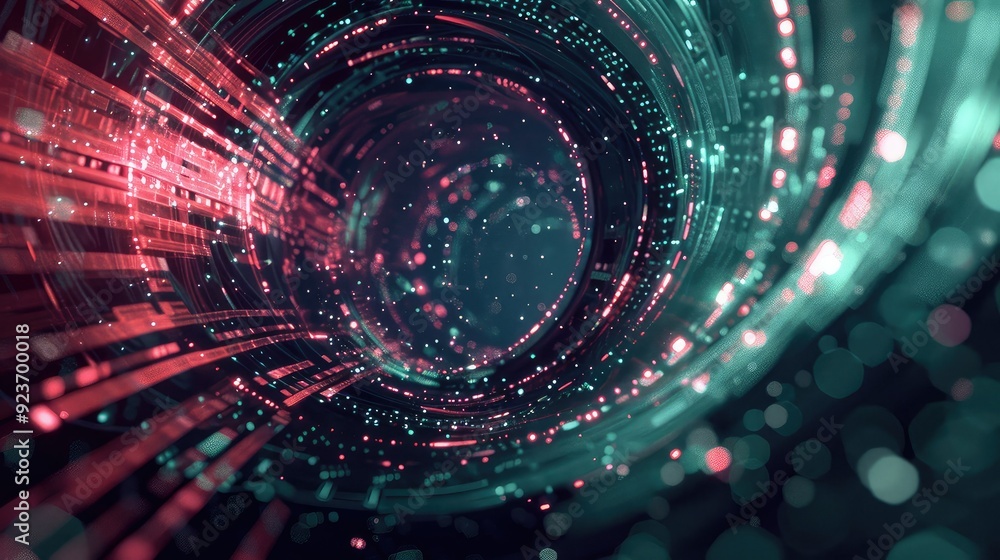 Poster abstract digital tunnel with glowing red and teal light streaks and bokeh.