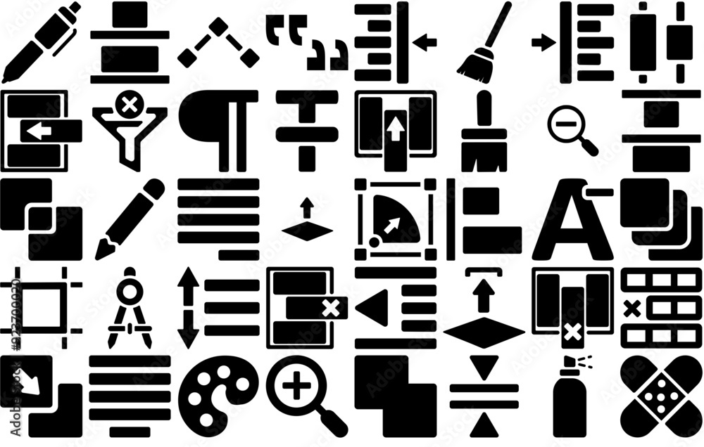 Poster mega set of vector editing tools isolated silhouette solid icons with ui-tools,text-editor,transform