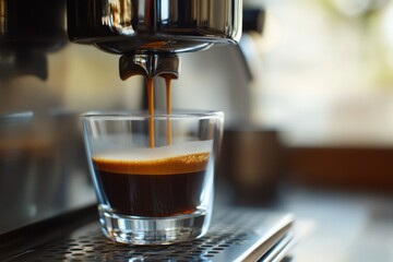 Espresso Pouring into a Glass Cup from a Coffee Machine