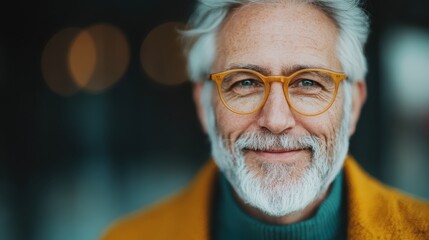A close-up of an elderly man with a white beard, wearing yellow glasses and a matching sweater. His warm smile and twinkling eyes exude wisdom and carefree joy in this candid shot.