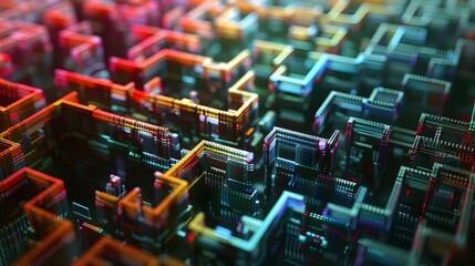Fototapeta premium A complex maze of pixels and data, where the movement from one frame to the next is manipulated to create surreal, disorienting paths that defy logic and gravity