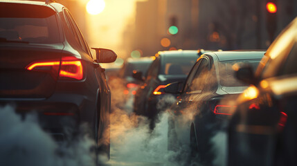 Cars in a traffic jam emit smoke from exhaust pipes on a city street. The realistic scene captures air pollution at golden hour with sharp focus