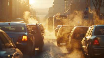 Cars in a traffic jam emit smoke from exhaust pipes on a city street. The realistic scene captures air pollution at golden hour with sharp focus