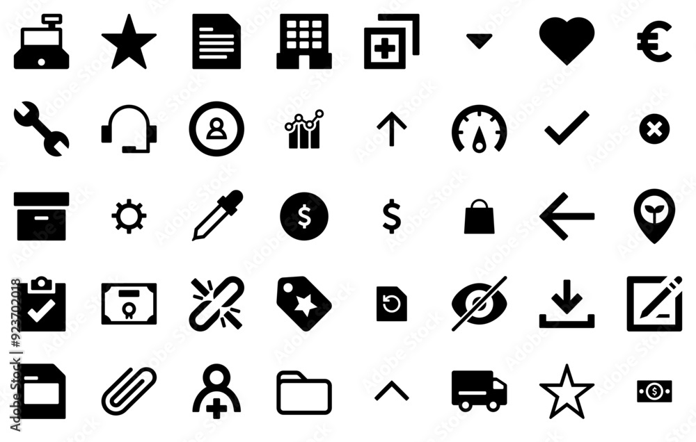 Poster mega set of vector design system isolated silhouette solid icons with update,point,outline,document,