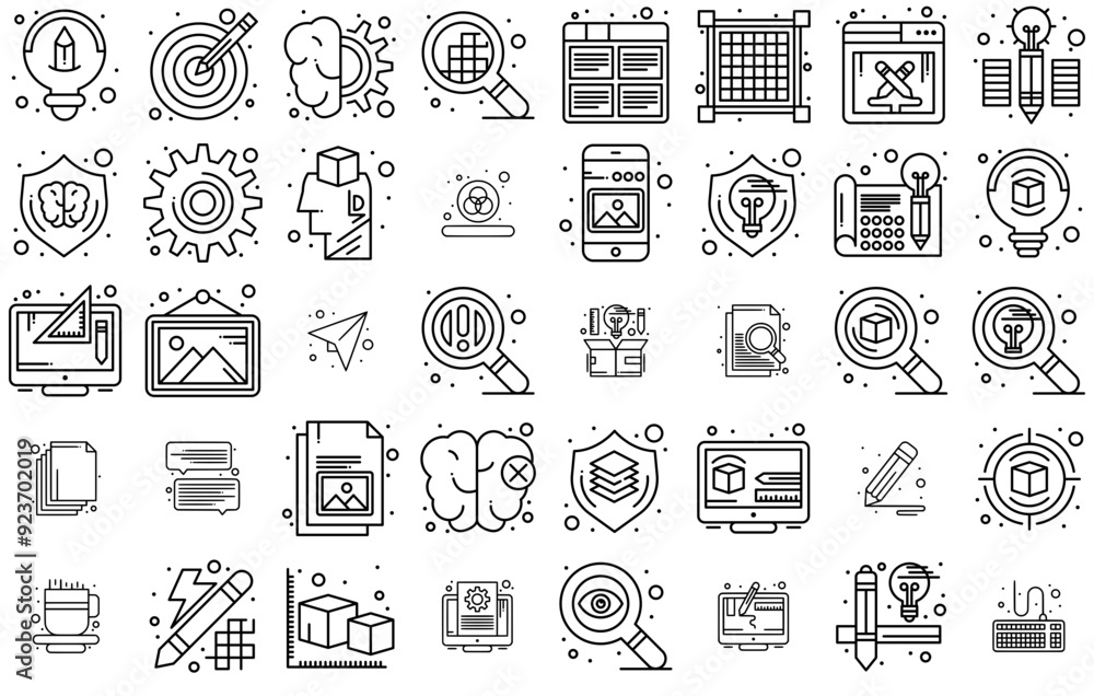 Poster set of design thinking bold line icons web header banner design containing idea,brain,thinking,desig