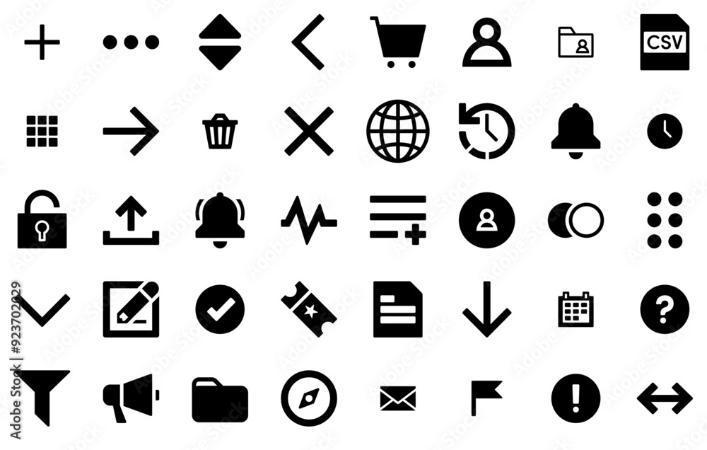 Poster mega set of vector design system isolated silhouette solid icons with update,outline,order,point,doc