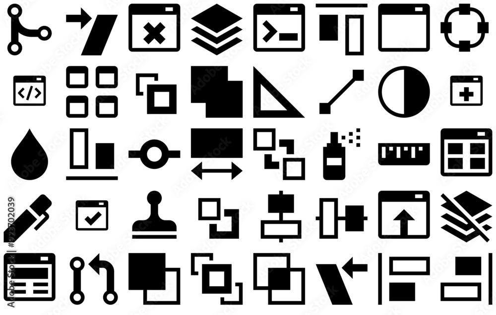 Poster a collection of design and development solid icon set vector symbols apps, websites ui designs suita