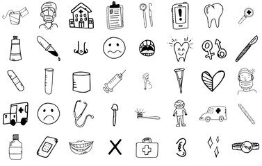 Set Of Linear Dentist And Doctor Doodles Vector Symbols Apps, Websites Ui Designs Suitable For Dentist,Doodle,Medical,Doctor Infographic Simple Vector Illustration Logo