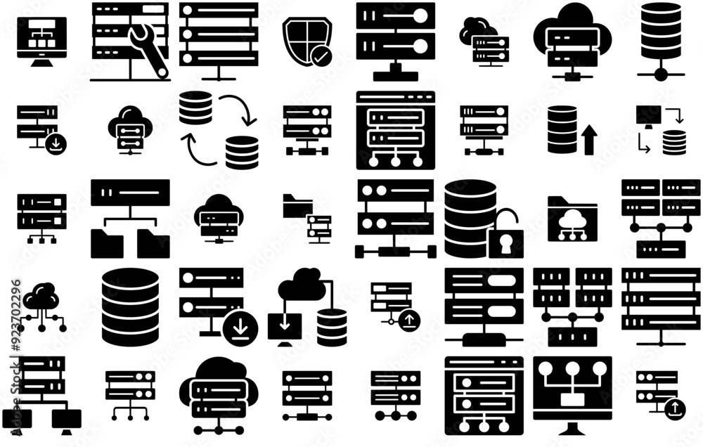 Poster set of database and storage glyphs icons silhouette vector logo design containing data-center,server