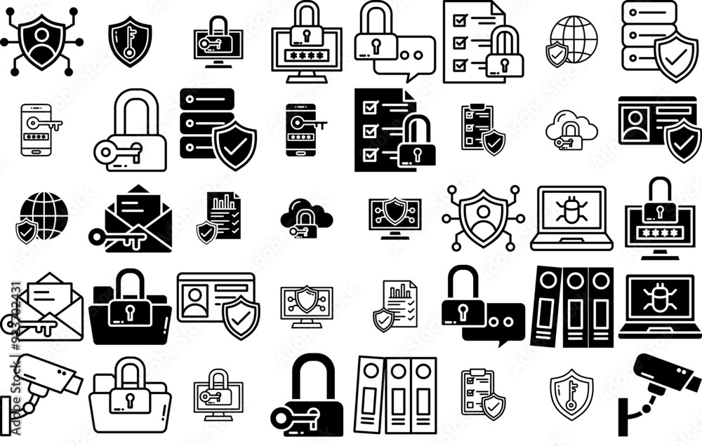 Poster a collection of data security icons silhouette vector logo design containing security,shield,protect