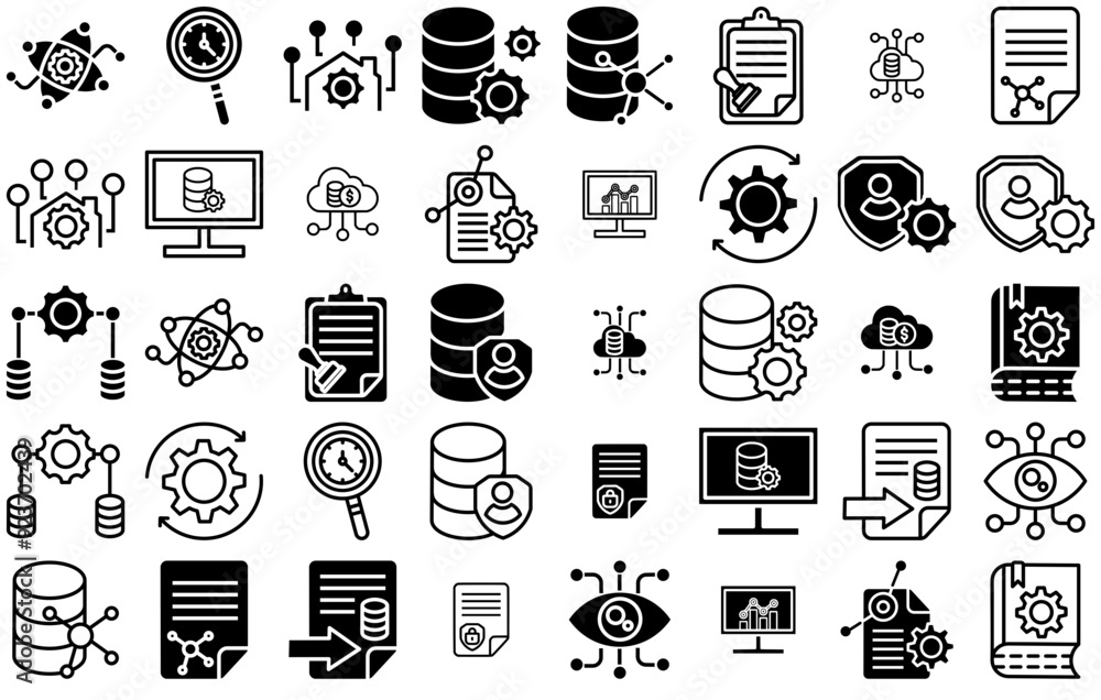 Poster set of linear data management icons collection isolated silhouette solid icons including server,data