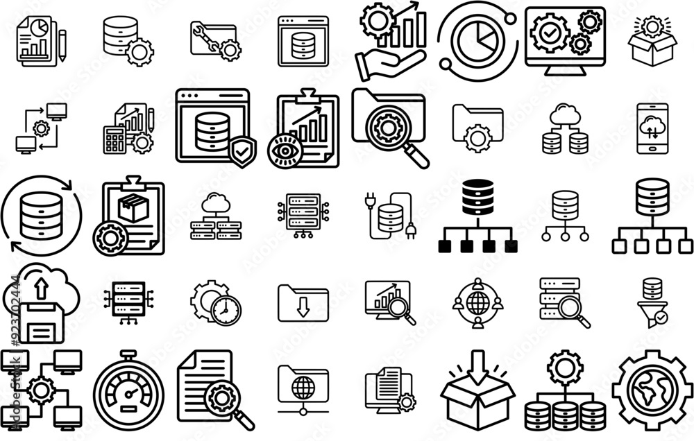 Poster mega set of vector data management icons silhouette vector logo design containing server,database,do