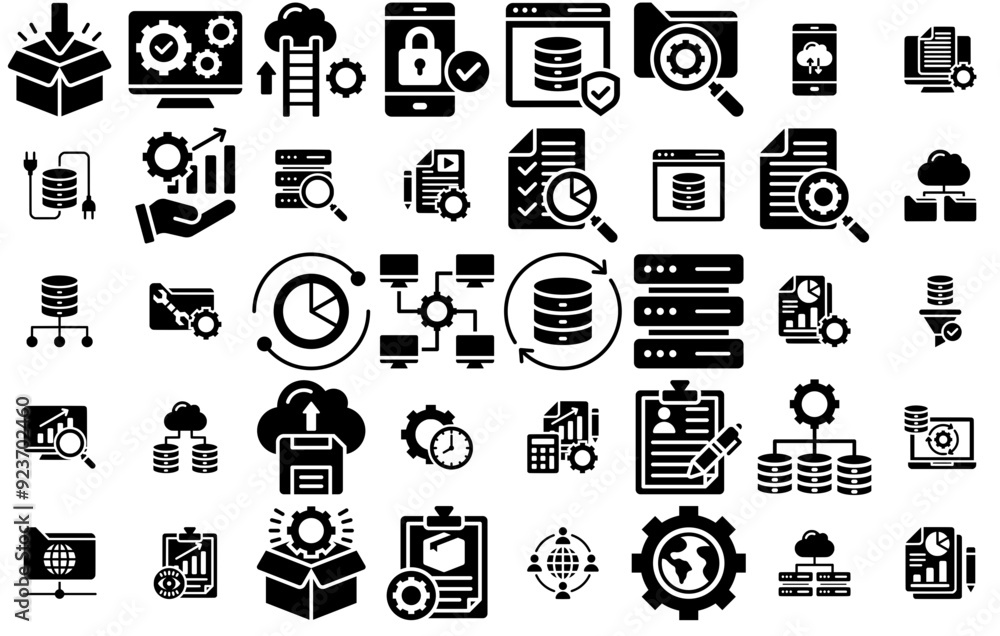 Poster set of linear data management isolated silhouette solid icons with server,management,big-data,docume