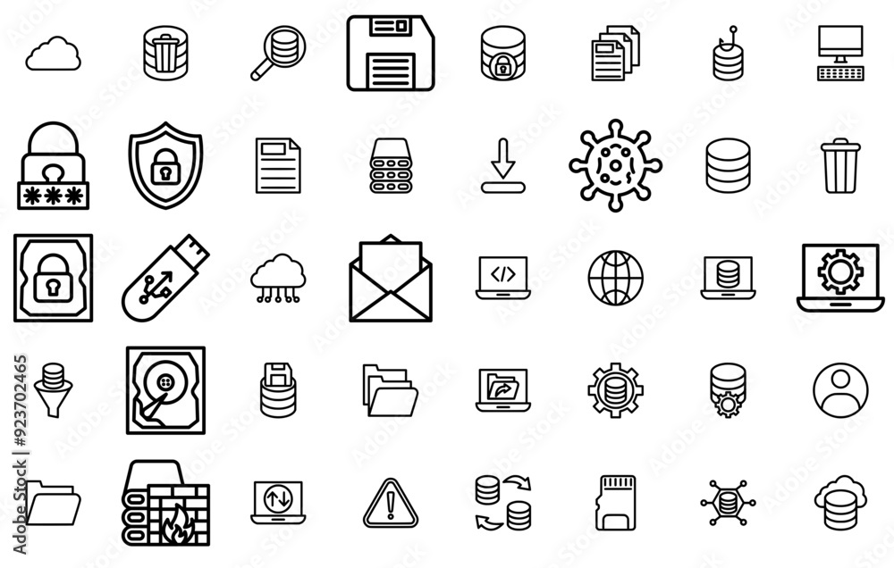 Poster set of data management icons collection isolated silhouette solid icons including data,storage,file,