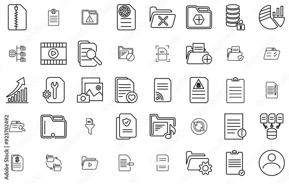 Poster set of linear data document icons silhouette vector logo design containing document,page,data,folder