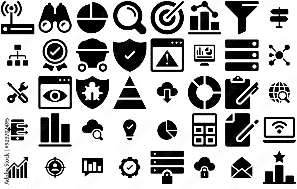 Poster mega set of vector data analytics glyph icons isolated silhouette solid icons with statistic-trend,c
