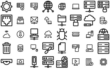 Mega Set Of Vector Database And Server Pixel Prefect Isolated Silhouette Solid Icons With Server,Database,Connection,Network,Storage Stroke Icon Collection. Vector Illustration