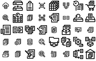 Set Of Linear Data Warehouse Isolated Silhouette Solid Icons With Database,Data,File,Data-Warehouse,Computer Simple Black Style Symbol Sign For Apps And Website, Vector Illustration