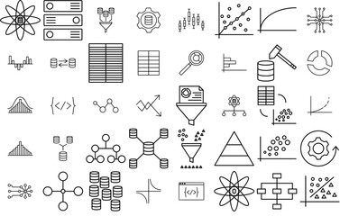 Set Of Data Science 2Px Line Icon Isolated Silhouette Solid Icons With Statistics,Network,Data,Chart,Database Outline Icons Collection. Simple Vector Illustration