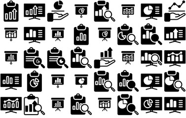 Set Of Data Analytic Glyph Icons Web Header Banner Design Containing Searching,Analytic,Data,Sales,Clipboard Simple Black Style Symbol Sign For Apps And Website, Vector Illustration