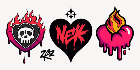 Heart tattoo gothic set, graffiti rock flame shape kit, vector u2k abstract love logo concept. Valentine punk retro sticker collection, neotribal web goth decoration. Dripping heart tattoo prints 