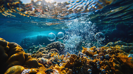 Bubbles Rising from Coral Reef in Deep Blue Ocean