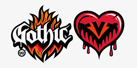Heart tattoo gothic set, graffiti rock flame shape kit, vector u2k abstract love logo concept. Valentine punk retro sticker collection, neotribal web goth decoration. Dripping heart tattoo prints 