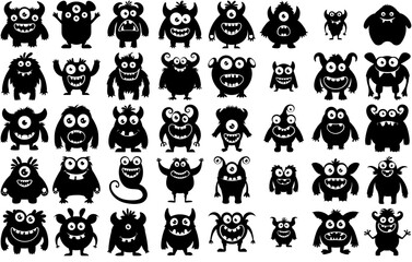 Set Of Cute Funny Monster Characters Isolated Silhouette Solid Icons With Monster-Cartoon,Monster-Character,Demon,Zombie-Monster,Cartoon-Monster Stroke Icon Collection. Vector Illustration