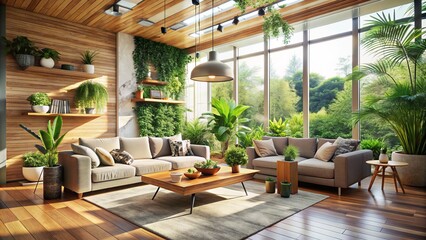 Fototapeta premium Serene modern living room with lush green plants, natural sunlight, and wooden accents, evoking a sense of calm and connection to nature indoors.