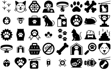 Set Of Linear Creatype Pet Shop Glyph Icons Collection Isolated Silhouette Solid Icons Including Animal,Pet,Dog,Cat,Paw Solid Icon Collection. Vector Illustration