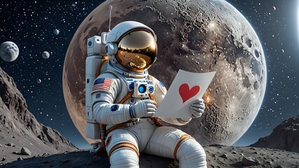 Astronaut reading a love letter on a moonlit planet.