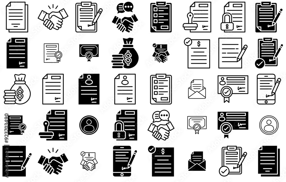 Poster set of linear contracts icons silhouette vector logo design containing file,business,document,contra